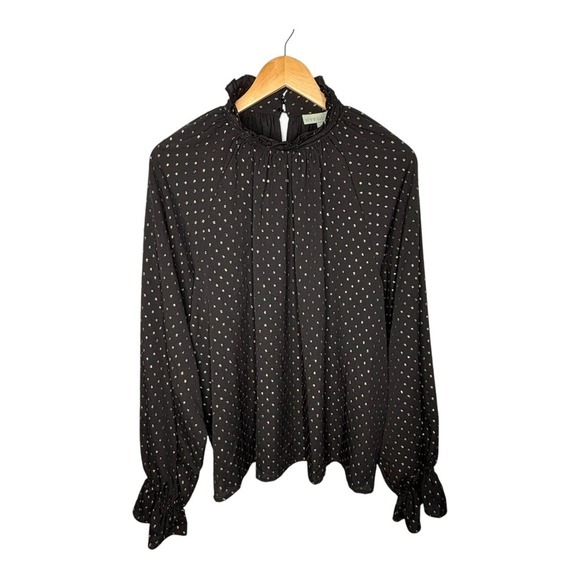 Ryegrass Blouse Ruffle Mock Neck Long Sleeve Gold Dot‎ Black Women Plus Size XXL - Picture 1 of 9